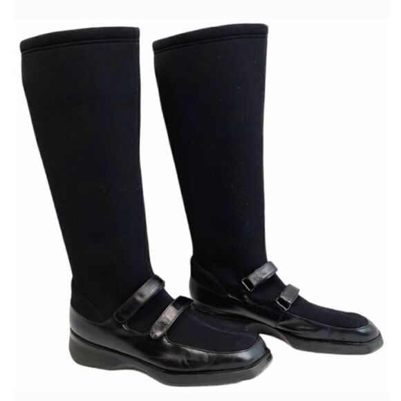 Bally Rare Leather Wedged Nylon Sock Boots Black Square Toe Size 9 Made in Italy - Picture 1 of 16